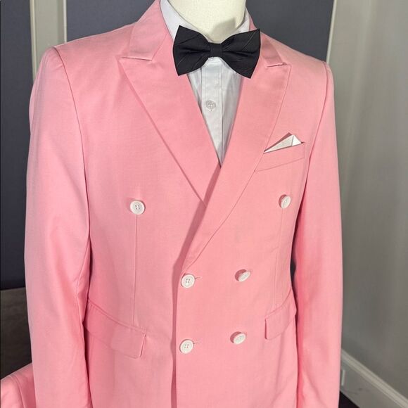 Men’s Pink Slim Fit 2 Piece Suit Double Breasted Peak Lapel Jacket 38 Pants 34 - Picture 2 of 13